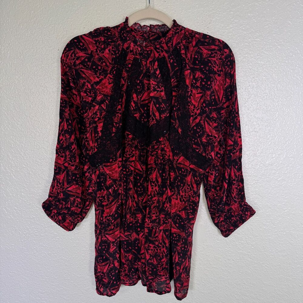 Anthropologie Bhanuni by Jyoti Top Women XS Floral Beaded Peasant Pleated Blouse
